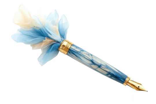 Elegant fountain pen with ornate blue and gold design and feathered nib accent isolated on transparent background