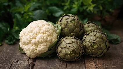 Fototapeta premium Wooden surface topped with artichokes and cauliflower