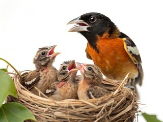 Black-headed Grosbeak Nest With Baby Birds and Mother Isolated