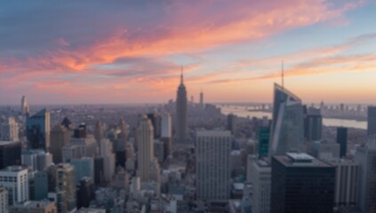 Fototapeta premium Panoramic view with blurred skyscrapers beneath a vibrant sky