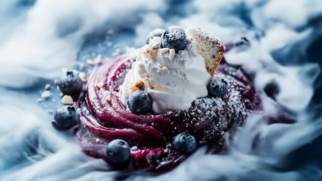 Close up of dessert with blueberries and cream with a cloud background