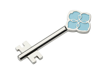 Isolated decorative metal key with clover or four-leaf design and blue infill enamel