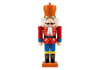 Isolated decorative wooden toy soldier stands at attention, Christmas season is near, festive decor