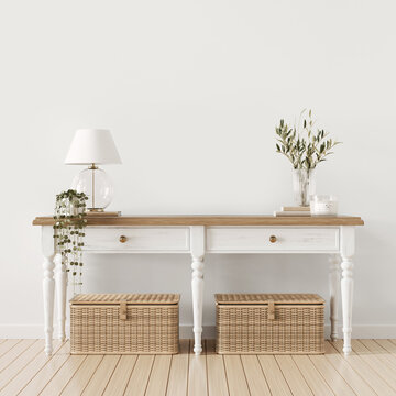 Cottage interior decoration with vintage entry table, baskets, glass lamp and branches in vase.  Indoor wall mockup with free space. Traditional and romantic farmhouse decor. 3d rendering.