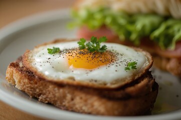Breakfast featuring toasted egg garnished with crushed pepper and fresh parsley