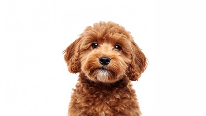 A brown Cockapoo stands against a plain white background.