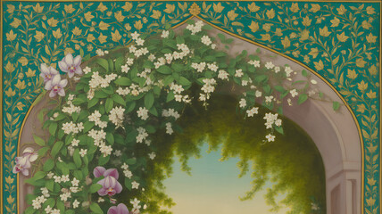 Mughal palace garden view with colorful trees and reflection pond
