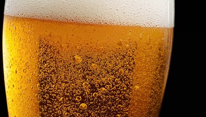 Macro shot of foam and bubbles in a transparent glass filled with light beer against a dark backdrop