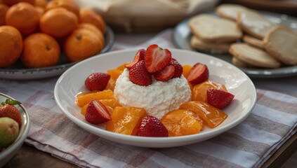 A bowl of creamy ricotta paired with fresh strawberries and citrus at a sustainable farm. Sampling artisanal cheese at a local market. Traditional handmade cheese accompanied by fresh fruit on a
