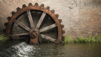 Fototapeta premium Vintage wooden water wheel mounted on a brick surface, old-fashioned design with water elements