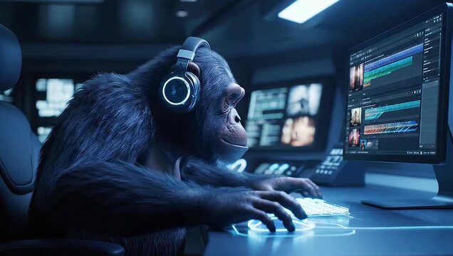 A chimpanzee wearing headphones sits at a desk and uses a computer with a video editing software on the screen in a dark room.