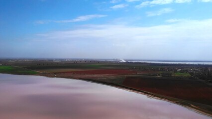 Aerial view of pink salt lake and agricultural fields. Media