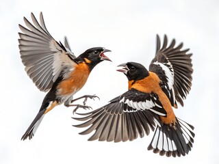 Black-headed Grosbeaks Fighting Mid-Air Isolated on White