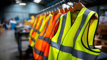 Symmetrical industrial composition — neatly aligned safety vests, depth of field revealing workshop context in soft blur, with copy space.