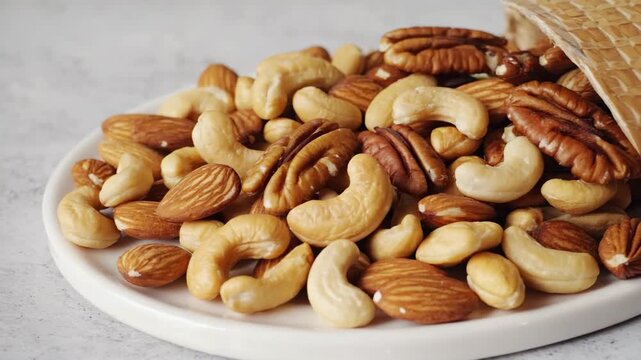 Overflowing cornucopia of mixed nuts cascading from a tipped basket for healthy snacking. 4k Video footage