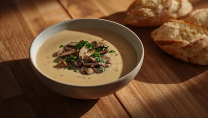 Creamy mushroom soup served with sliced mushrooms, fresh parsley, and toasted baguette slices on a wooden surface