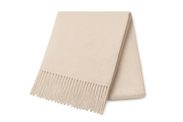 Beige folded throw blanket with fringe textile