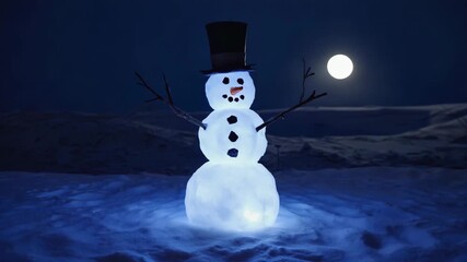 Cheerful snowman under moonlit sky in wintery landscape. 4k Video footage - Powered by Adobe