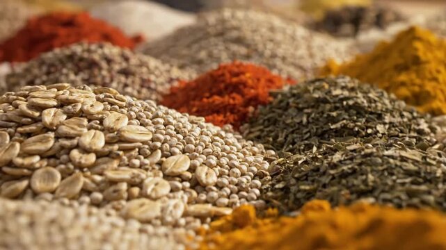 A Colorful Assortment of Spices: Turmeric, Coriander, Pepper, and More, in a Beautiful Display
