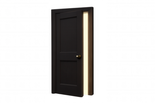 Open dark door with light shining through, revealing a new opportunity or future, transparent background
