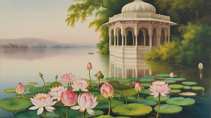 Mughal palace garden view with colorful trees and reflection pond
