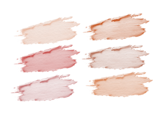 Soft pastel paint swatches arranged in six brushstroke blocks, warm pink and beige tones conveying gentle creative mood