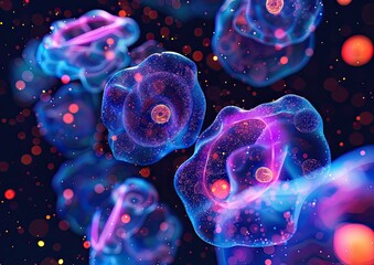 Cells Floating in Space, Molecules Scattered Behind, Science, Research Image Use