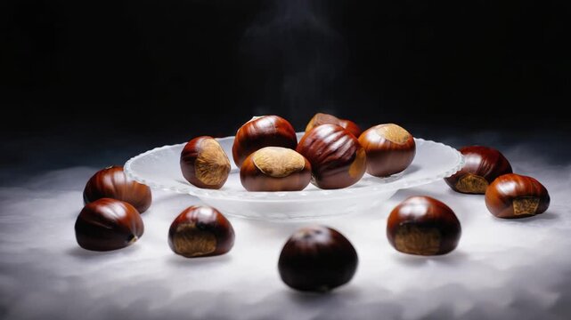 Steaming chestnuts on frosted glass plate with dark background and subtle smoke effects. 4k Video footage