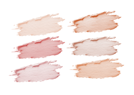 Soft pastel paint swatches arranged in six brushstroke blocks, warm pink and beige tones conveying gentle creative mood