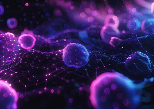 Cells Floating in a Network with a Glowing Background, used for Science Research
