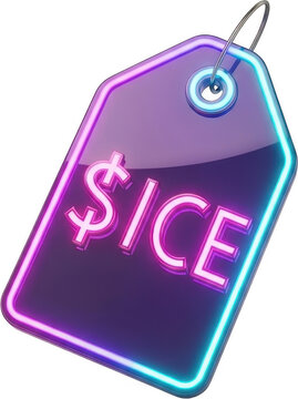 Neon glowing price tag with dollar sign and ice text isolated on transparent background