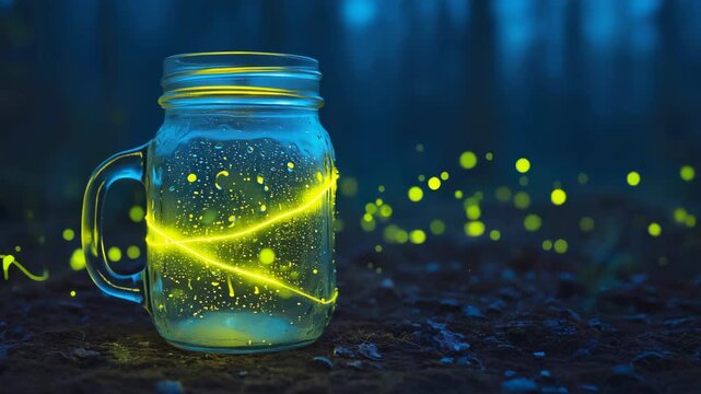 Mystical jar with glowing trails illuminates dark forest night. 4k Video footage
