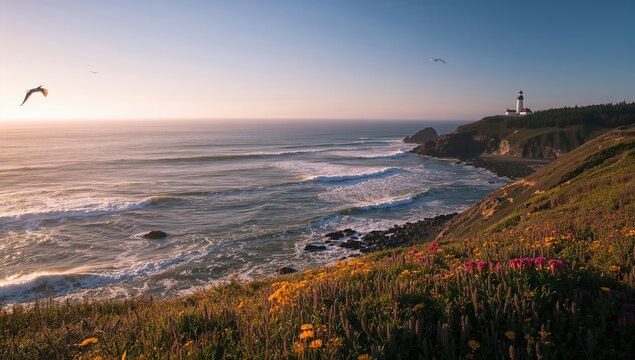 Scenic Coastal Park with Ocean Waves and Sunlit Landscape