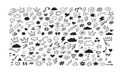 Whimsical Hand Drawn Doodle Collection a Playful Assortment of Crowns, Hearts, Arrows - Hand-Drawn Doodle Icons Set