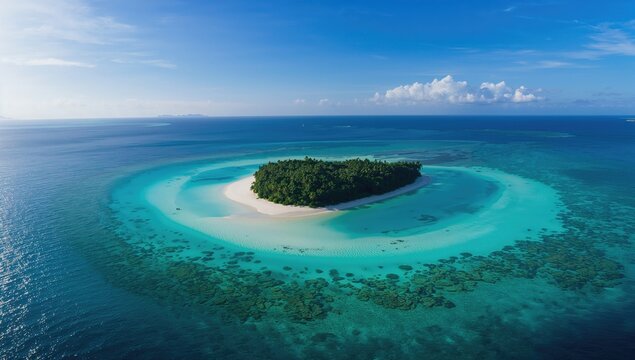 Bird's-eye perspective of a stunning shallow lagoon nestled within a tiny tropical isle in a chain of islands