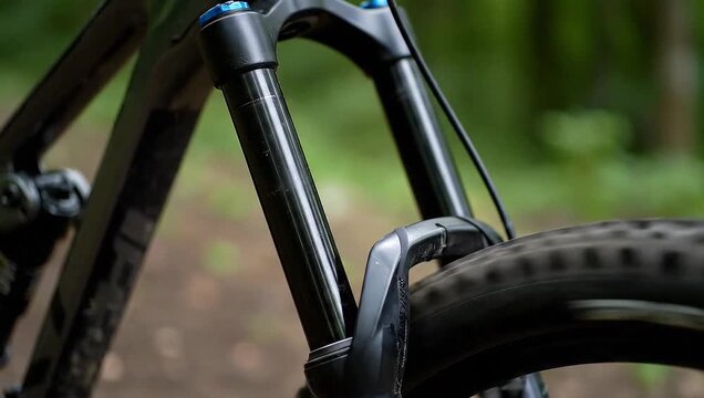 Close-up of a black mountain bike's front wheel and suspension fork in a natural outdoor setting with blurred greenery.