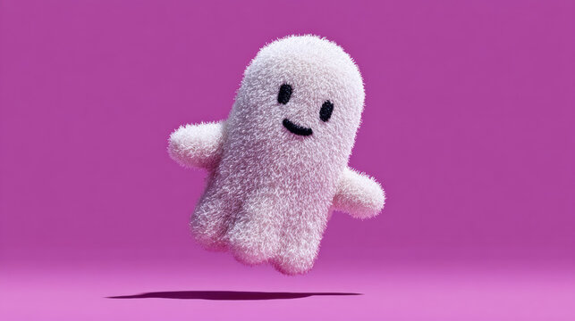 A cute embroidered ghost patch, designed in a soft and playful style, floating gently in the air, tilted at a diagonal angle, with a whimsical stitched appearance, On Purple white background.