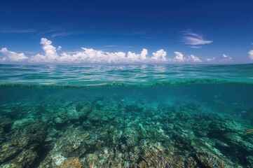 Azure shallow waters with vibrant coral formations and soft clouds in the distance