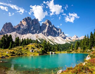 Alpine lake nestled in a valley, with towering peaks and lush greenery