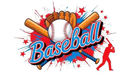 Explosive Baseball Graphic Design: Bold Colors, Iconic Gear & Player Silhouette for Sports Branding