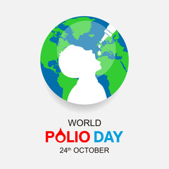 Poster for World Polio Day on October 24, showing a white silhouette of a child receiving vaccine drops, with the Earth in green and blue as the background, symbolizing global health awareness.