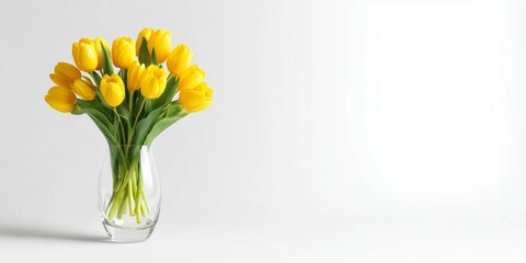 Yellow tulip flowers in clear glass vase,white background,natural daylight,copy space,web banner.