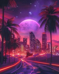 Cityscape neon glow, palms, moon, road. Urban scene for sci-fi/fantasy projects