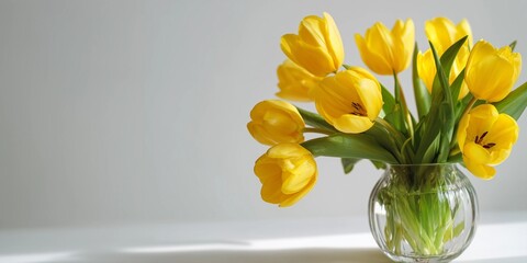 Yellow tulip flowers in clear glass vase,white background,natural daylight,copy space,web banner.