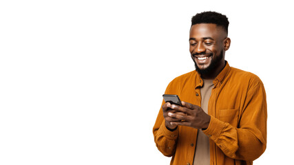 Man smiling and holding phone in hand,looking into it,copy space,white banner, background.