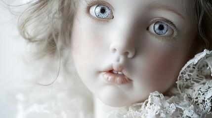 Close up of a porcelain doll with blue eyes and lace collar detail