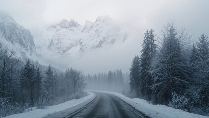 Fototapeta premium A mist-covered pathway flanked by snowy peaks, created with AI generation tools
