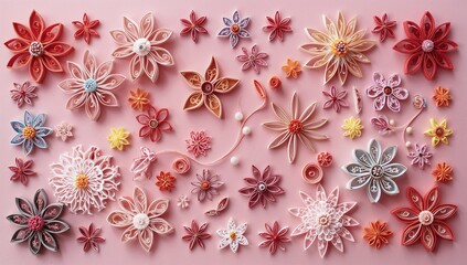 Fototapeta premium Colorful handcrafted paper flowers created using quilling on a pink backdrop