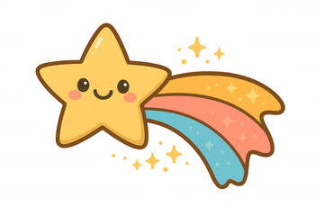 Cute shooting star character flying with a sparkling rainbow trail, expressing happiness, transparent background