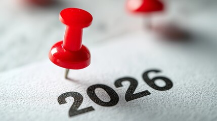 Red pin marks year 2026 on white paper,web banner,copy space,background,new year concept